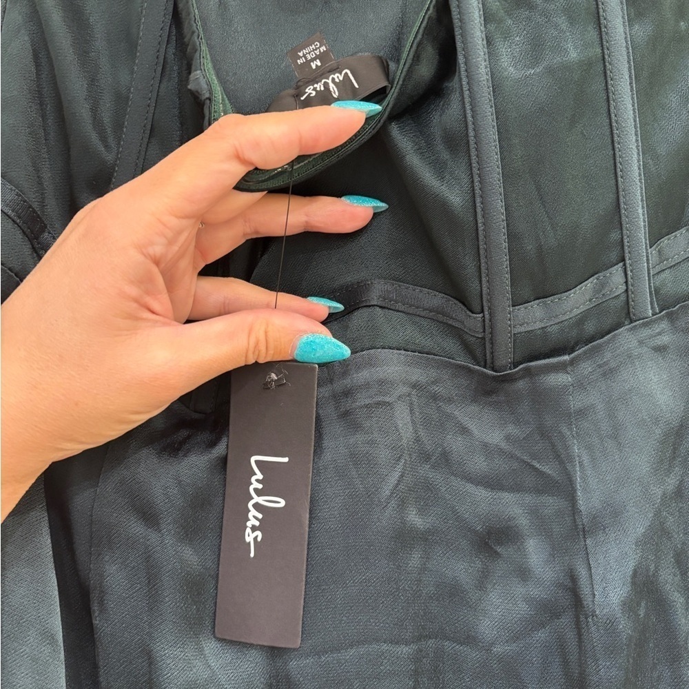 NWT Lulus Extraordinary Presence Dark Green Satin Strapless Maxi Dress - Picture 6 of 10